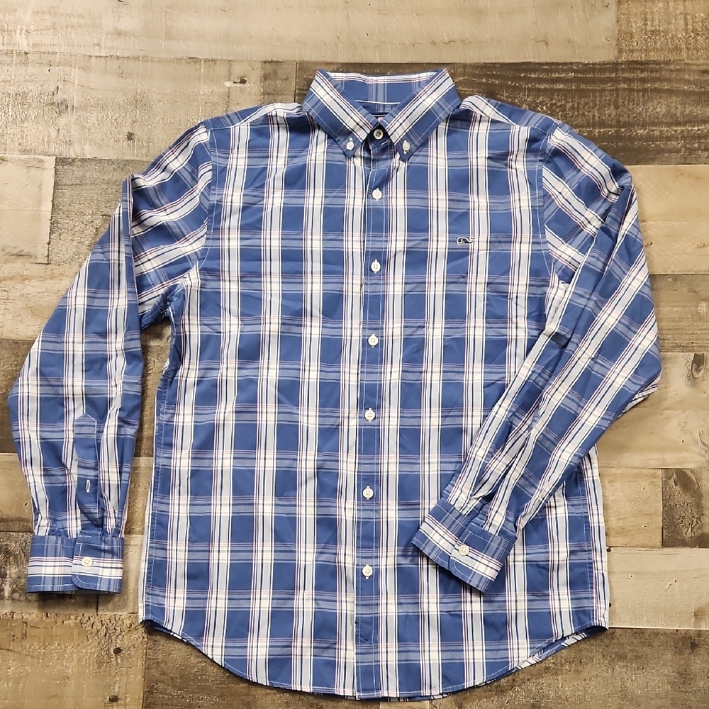 Vineyard Vines Slim Fit Whale Shirt Mens Medium Blue White Plaid